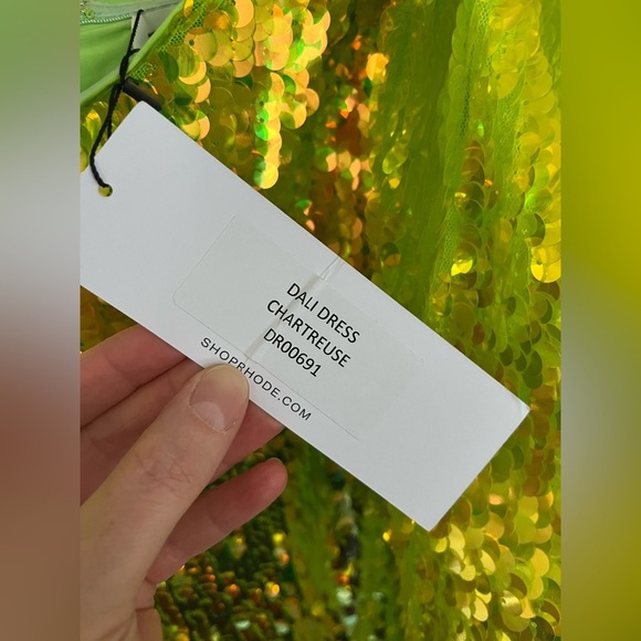 RHODE Dali sequin off the shoulder puff sleeves party dress chartreuse - Picture 6 of 7